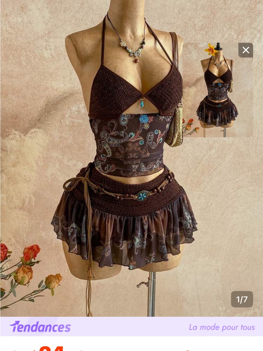 SHEIN Brown Paisley Mini Skirt & Halter Crop Set